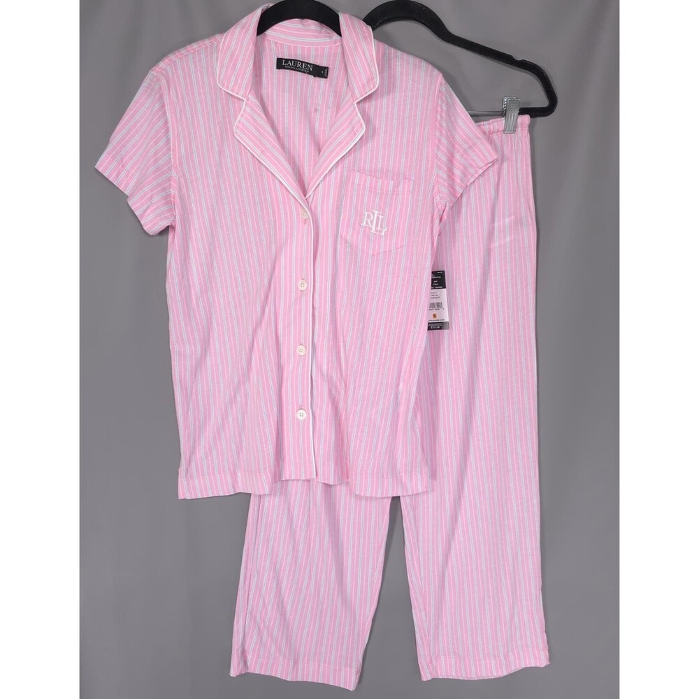 LAUREN RALPH LAUREN Women's New Pajama Set SMALL Pink Stripe Capri LN92421T